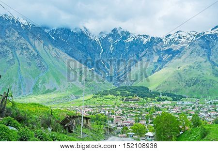 Stepantsminda mountain resort offers different attractions for the tourists including hiking sightseeing horse riding and discovering Kazbegi National Park and historic landmarks Georgia.
