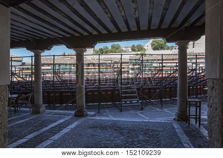 Chinchon Spain - October 15 2016: arcades of the square most of chinchon converted in square of bulls during the celebration traditional of each year Chinchon Madrid province Spain