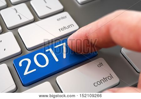 Hand Pushing 2017 Blue Slim Aluminum Keyboard Button. 2017 - Modern Keyboard Keypad. 2017 - Computer Keyboard Concept. Man Finger Pushing 2017 Blue Button on Modernized Keyboard. 3D Illustration.