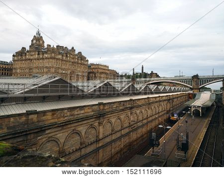 Edinburgh Waverley railway station with former North British Hotel above the station Edinburgh Scotland Europe