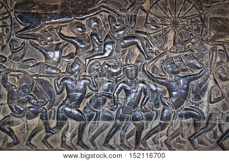 Ancient reliefs at the Angkor Wat Temple Cambodia. Angkor Wat was built between 1113 and 1150 by King Suryavarman II.
