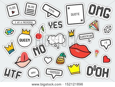 Patch fashion collection. Popular phrases: Omg Yes No Wtf Doh. Sticker style pixel art, crown, lips, ice cream, diamond, pineapple. Design elements vector illustration