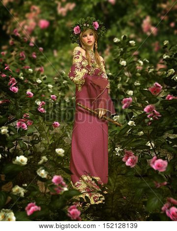 3d computer graphics of a girl with a flute who stands in a rosengarten