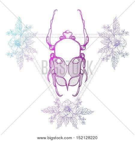 Boho tattoo. Color beetle, May bug in hipster triangle frame with flowers. Vector illustration, spiritual tattoo sketch isolated on white for t-shirt print, poster, textile. Line art drawing.