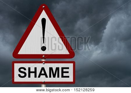 Shame Caution Sign Red and White Triangle Caution sign with word Shame with stormy sky background 3D Illustration