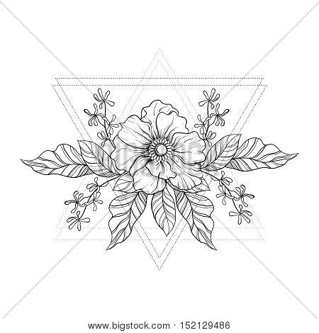 Hand drawn boho tattoo. Blackwork flower in hipster triangles frame. Vector illustration, tattoo sketch isolated on white for t-shirt print, poster, textile. Line art drawing.