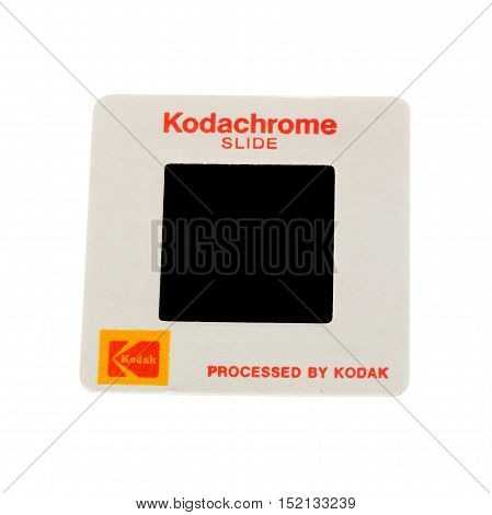 Stockholm, Sweden - Mars 14, 2016: One Kodak Kodachrome 126 paper framed slide isolated on white.