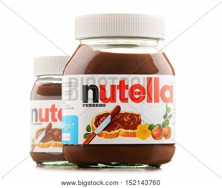 POZNAN POLAND - OCT 11 2016: Introduced to the market in 1964 by Italian company Ferrero Nutella is widely popular brand name of a sweetened hazelnut cocoa spread