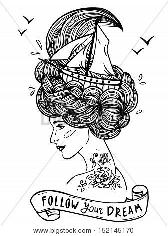 Page with print for the adult coloring book. Hand drawn artwork of a dreaming young beautiful woman with ship in waves of curly swirly sea-like hair and rose tattoo on her neck and shoulder. Tattoo portrait; zentangle; fashion; marine; postcard; vintage r
