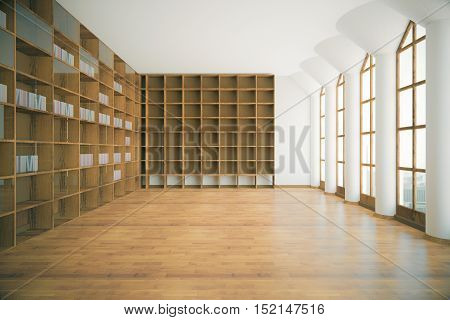 Library interior with empty wooden shelves floor concrete walls ceiling columns and windows with city view. 3D Rendering
