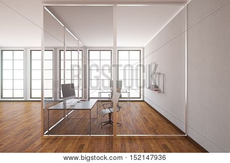 Modern glass box office interior with wooden floor concrete walls and windows. Side view 3D Rendering