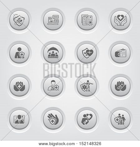 Insurance and Medical Services Icons Set. Button Design. Isolated Illustration. Life and Health Insuranse Symbol. Personal and Group Life Insurance Symbol. Life and Heart Care Symbol.