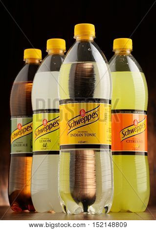 POZNAN POLAND - OCT 13 2016: Schweppes Comp. is a beverage manufacturer founded in Geneva and developed in London famed for carbonated soft drinks including ginger ale bitter lemon and tonic water