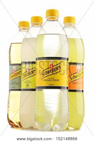 POZNAN POLAND - OCT 13 2016: Schweppes Comp. is a beverage manufacturer founded in Geneva and developed in London famed for carbonated soft drinks including ginger ale bitter lemon and tonic water