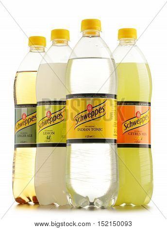 POZNAN POLAND - OCT 13 2016: Schweppes Comp. is a beverage manufacturer founded in Geneva and developed in London famed for carbonated soft drinks including ginger ale bitter lemon and tonic water