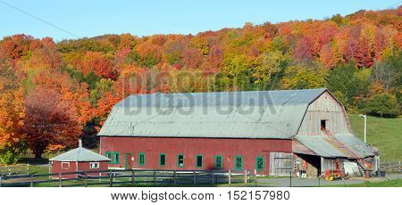 BROMONT QUEBEC CANADA 10 11 2016: Fall landscape old farm in country side of Bromont it is in the Brome-Missisquoi Regional County Municipality
