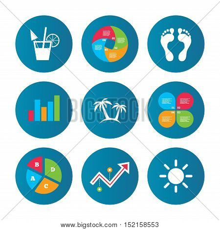 Business pie chart. Growth curve. Presentation buttons. Beach holidays icons. Cocktail, human footprints and palm trees signs. Summer sun symbol. Data analysis. Vector