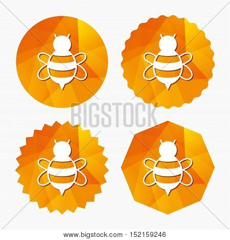 Bee sign icon. Honeybee or apis with wings symbol. Flying insect. Triangular low poly buttons with flat icon. Vector