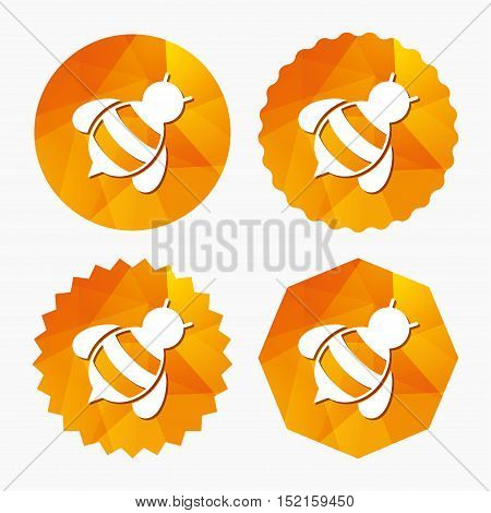 Bee sign icon. Honeybee or apis with wings symbol. Flying insect diagonal. Triangular low poly buttons with flat icon. Vector