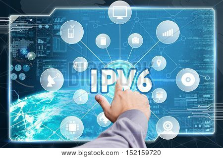 Business, Technology, Internet And Network Concept. Young Businessman Working On A Virtual Screen Of
