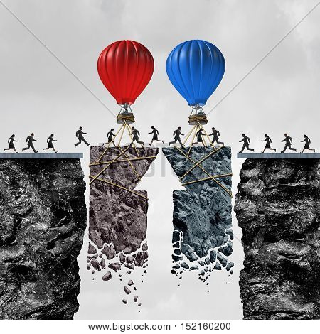 Business team coordination or political bipartisan support and group connection success as people connected by a limited time opportunity with balloons connecting a bridge for a successful exchange with 3D illustration elements.