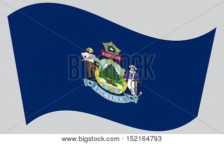 Mainer official flag symbol. American patriotic element. USA banner. United States of America background. Flag of the US state of Maine waving on gray background vector