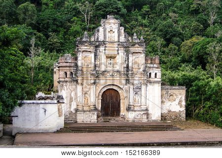 Antigua, Guatemala - June 16, 2011: Antigua guatemala church ruins, La Ermita de la Santa Cruz ruins. Editorial use only.