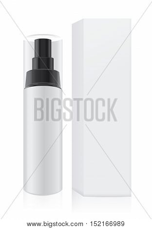 White cream bottle not have label which have black pump transparency lid and tall white paper box is collection for cosmetic packaging mock up.