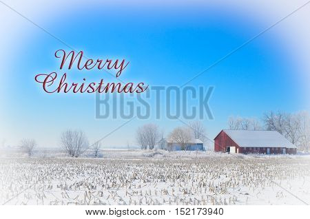 Merry Christmas red barn in the snow