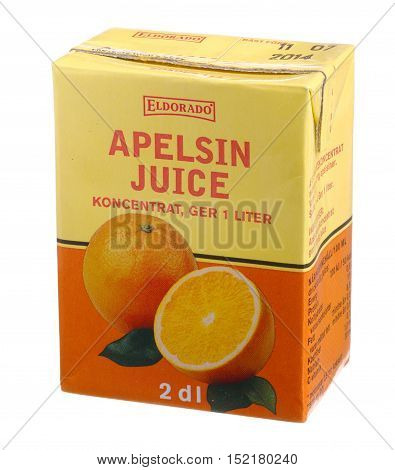 Stockholm, Sweden - February 15, 2014: A pack Eldorado concentrated orange juice 2 dl. Eldorado is a trademark of Axfood whose products are sold in the Swedish spirit of Axfood stores: Willys Willys Hemma Hemk