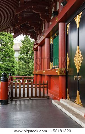 Tokyo Japan - August 29 2016: Outer wall and decorated doors of Senso-ji Asakusa Kannon temple famous place and one of the main tourist attractions of Tokyo Japan