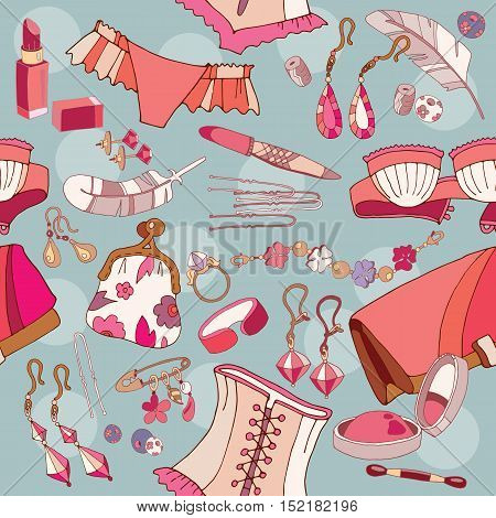 Woman accessories seamless pattern underwear cosmetics jewelry fashion background