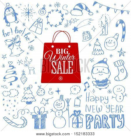 Vector illustration of Winter sale poster with Christmas doodles. Badge. Doodle megaset.