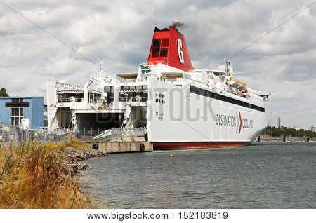 Nynashamn, Sweden - July 15, 2013: M/S Gotland loading cars before its departure from Nynashamn with destination Visby.