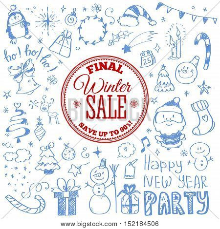 Vector illustration of Winter sale poster with Christmas doodles. Badge. Doodle megaset.