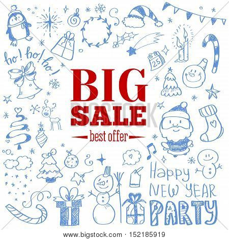 Vector illustration of Winter sale poster with Christmas doodles. Badge. Doodle megaset.