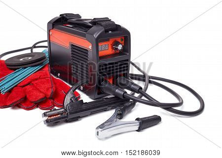 Inverter welding machine, welding equipment, isolated on a white background, leather gloves, welding electrodes, set of accessories for arc welding