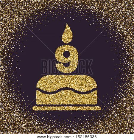 The birthday cake with candles in the form of number 9. Birthday symbol. Gold sparkles and glitter Vector illustration