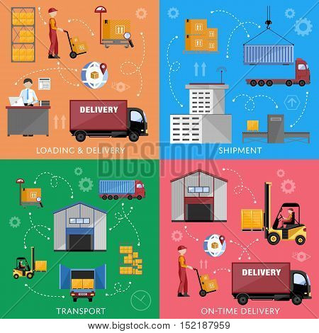 Logistic and warehouse infographics. Worldwide delivery process. Shipment on warehouse. Distribution goods and shipment of goods in container. Logistic service process flat vector illustration
