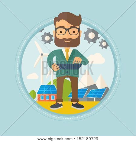 Hipster worker of solar power plant and wind farm. Worker with tablet computer on background of solar panels and wind turbines. Vector flat design illustration in the circle isolated on background.