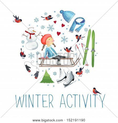 Vector illustration about winter outdoor activities and sport made in circle shape.