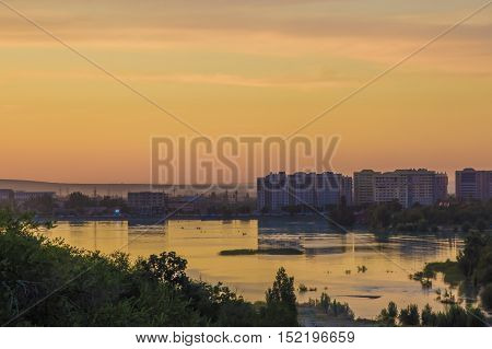 Sayran lake in Almaty city evening time Kazakhstan