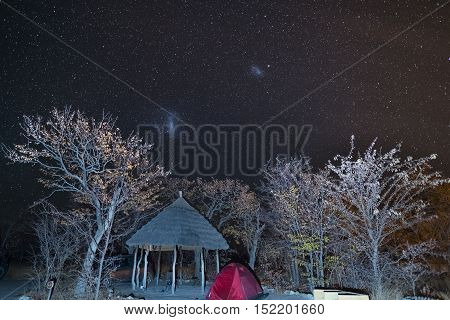 Camping under the starry sky and the majestic Magellanic Clouds outstandingly bright captured in Southern Africa. Tent and Acacia trunk in the foreground. Adventure into the wild.