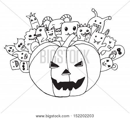Doodle, Halloween cute monsters party, funny pumpkin.