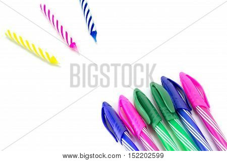 Happy birthday candle and Colorful pen on whithe background