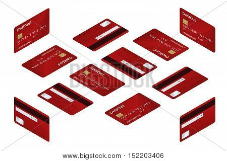 Isometric Credit cards. Vector illustration of detailed credit cards isolated on white background. Online shopping or card payment.