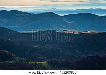 Aerial view of rolling hills and mountains at autumn sunny day, view from Bobija mountain, Serbia