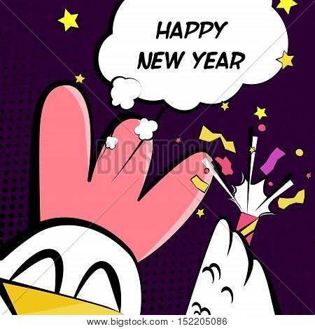 Chinese New Year vector card with rooster firecracker and text cloud. Comics style