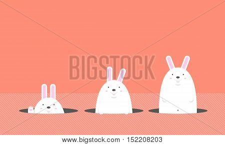 cute big fat white Easter rabbit come out of the hole on orange background