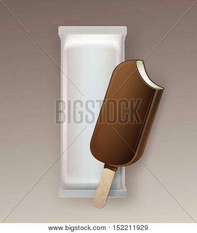 Vector Classic Bitten Popsicle Choc-ice Lollipop Ice Cream in Chocolate Glaze on Stick with White Plastic Foil Wrapper for Branding Package Design Close up Isolated on Background.